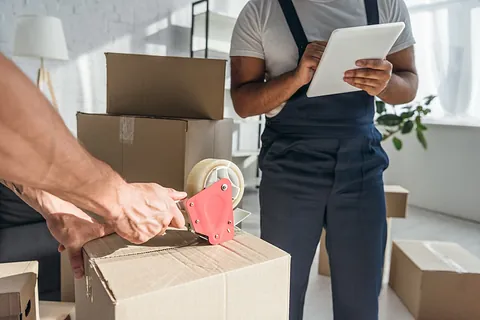 vista recortada de la caja de embalaje de la empresa de mudanzas mientras un compañero de trabajo usa una tableta digital